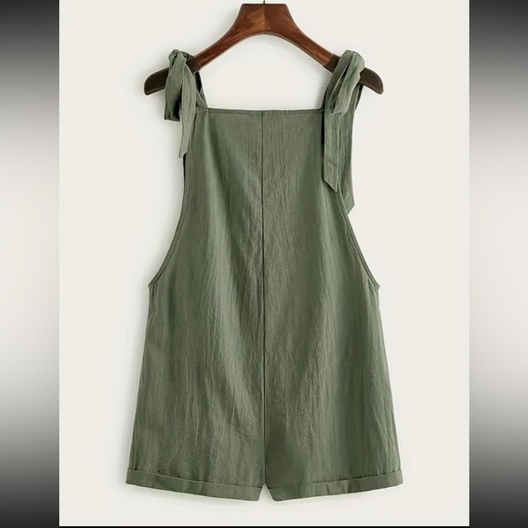 Tie Knot Strap Overall Shorts Pocket Jumpsuit Army Green - Picture 2 of 2